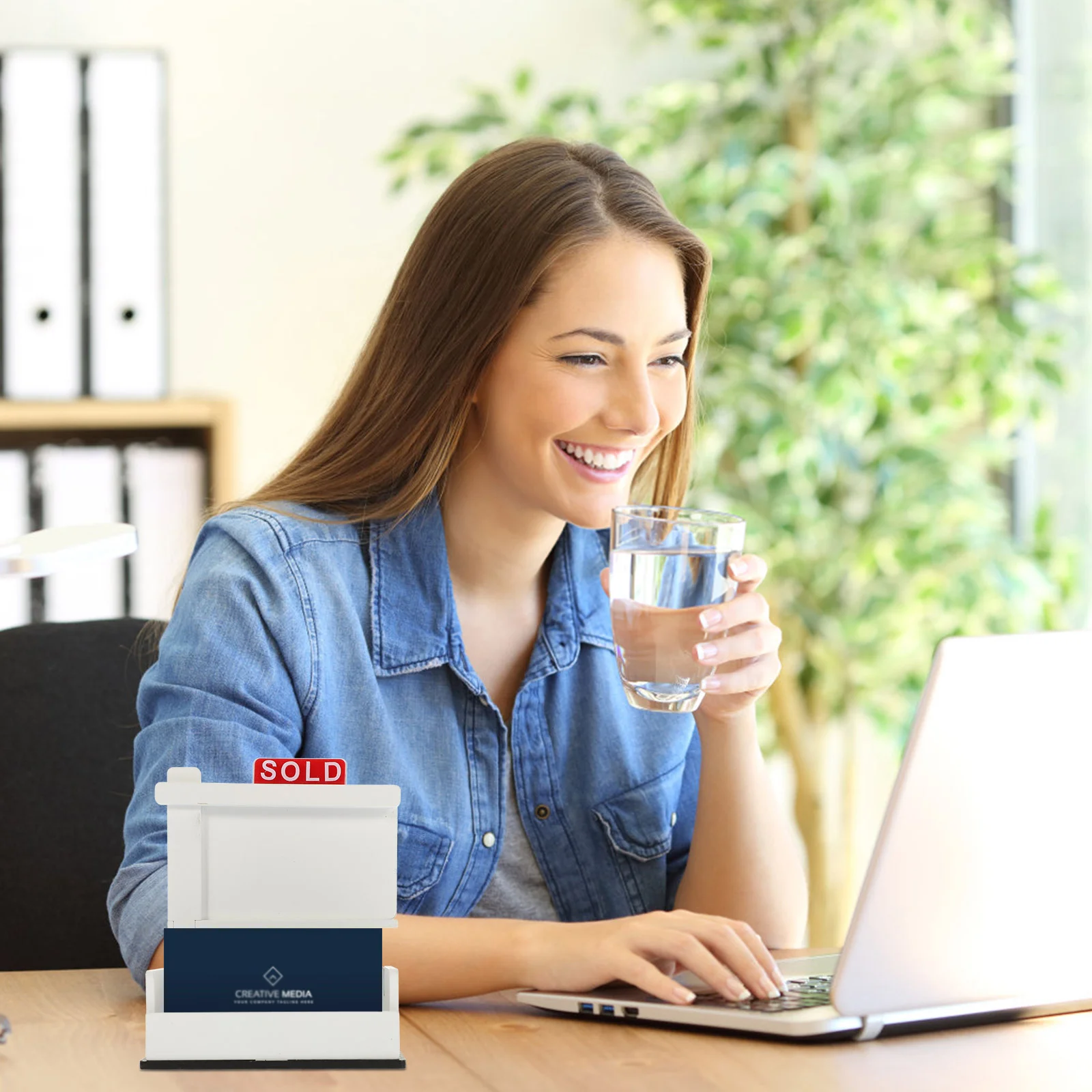 Business Card Holder Display Cards Desktop Clip Office Container Wooden Rack For