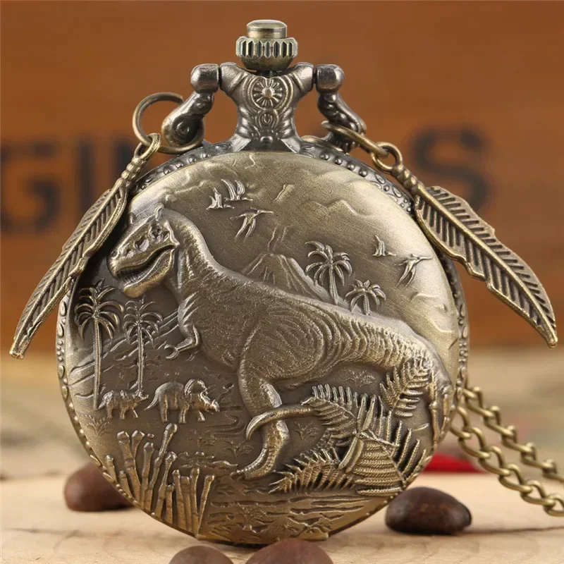 

Vintage Carved Dinosaur Pocket Watch Quartz Movement Unisex Arabic Numeral Watches Pendant Leaf Chain Retro Timepiece Gift