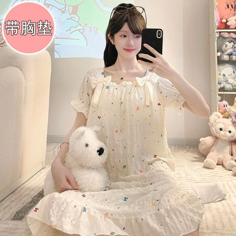 

Лето 2025 года, хлопковые ночные рубашки с короткими рукавами и принтом для женщин, корейская одежда для сна с милым бантом, домашняя одежда, ночная рубашка, ночное платье, домашняя ночная рубашка