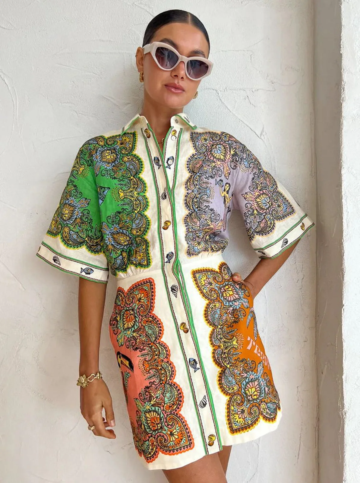

GlamGaze Short Sleeve Printed Button Down Shirt Dress For Women Casual Summer Beach Vacation Mini Dress Outfit