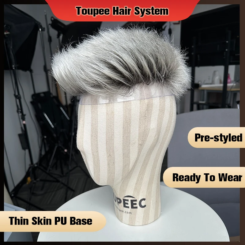 Human Hair Toupee For Men PreStyled Thin Skin PU Basement Hair Piece Hair Replacement Systems Men\'s Wigs Protesis Male Grey Har