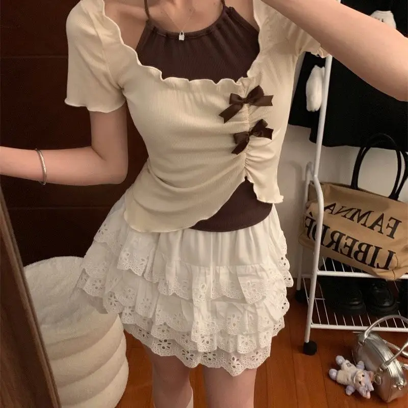 여름 신작 여성 투피스 캐미솔 세트 한국 패션 트렌드 반팔 크롭 탑 티셔츠 Y2k 스트리트웨어 티셔츠