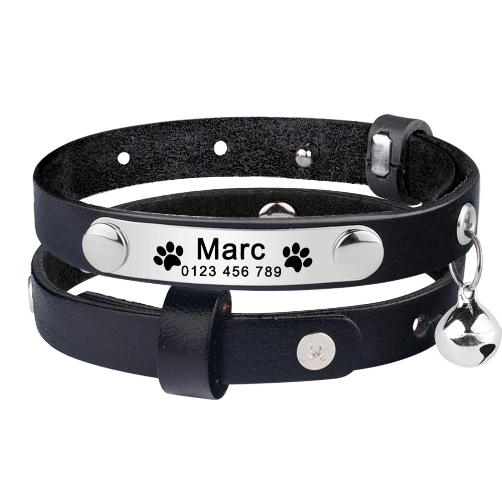 Collar de gato de cuero grabado personalizado con nombre personalizado, collares ajustables antipérdida de Pu, accesorio personalizado para gato