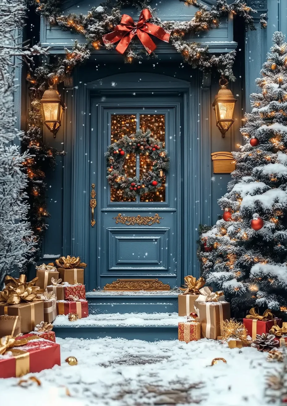 Mocsicka Christmas Tree Door Background For Photography Snowflake Lamp Gifts Decorations Shooting Props Kids Baby Photo Backdrop