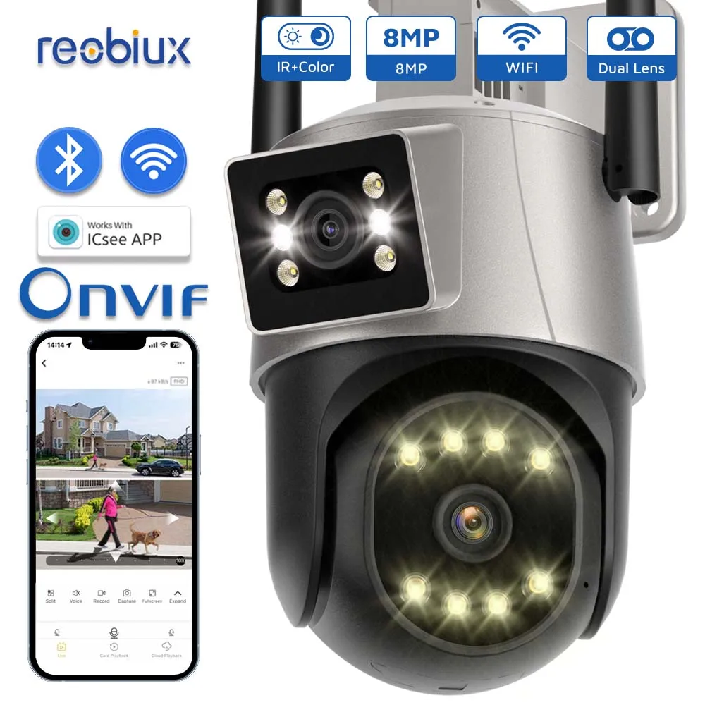 

Reobiux Wifi PTZ Camera Outdoor Surveillance 8MP Dual Lens IP Cam CCTV Security Protection Dual Screen Camera With ICsee App