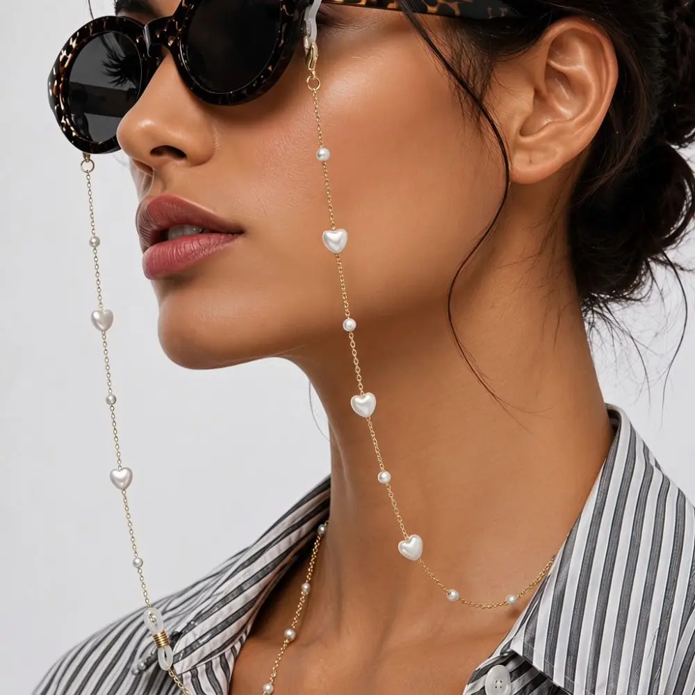 Beads Pearl Glasses Chain Heart Neck Strap Eyeglass Holder Necklace Hanging Neck Anti-Lost Eyeglass Chain Holder Outdoor Use