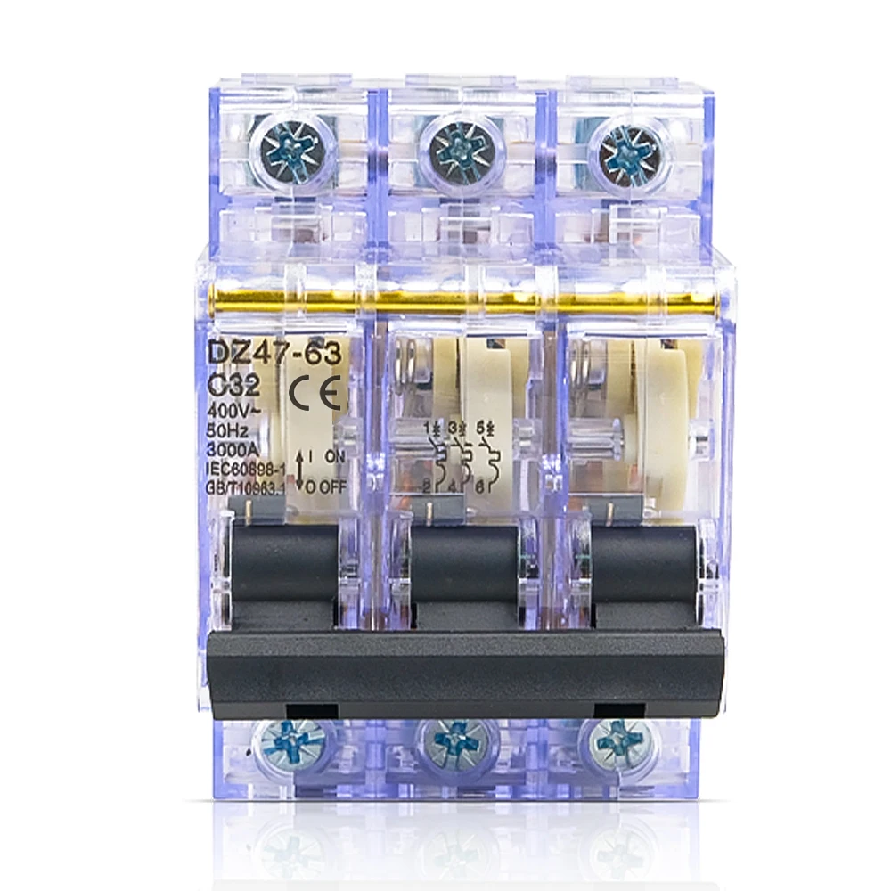 2025 New DZ47-3P 32A 3-Phase Circuit Breaker, Transparent Housing, DIN Rail, CE Certified for Industrial Electrical Systems