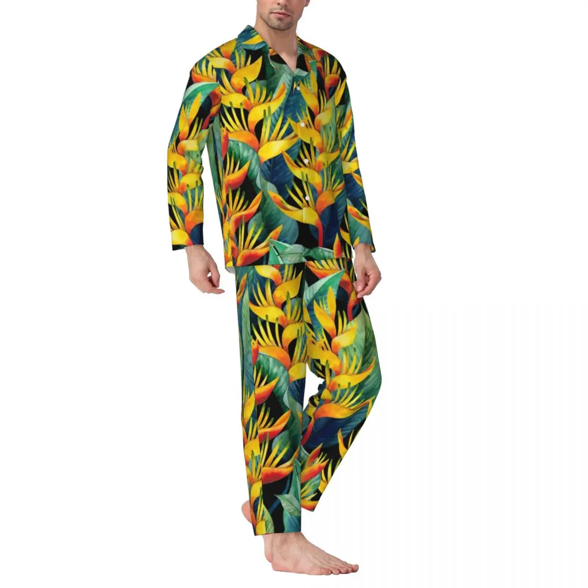 Tropical Floral Pajama Sets Watercolor Heliconia Trendy Sleepwear Man Long-Sleeve Retro Home 2 Pieces Nightwear Large Size