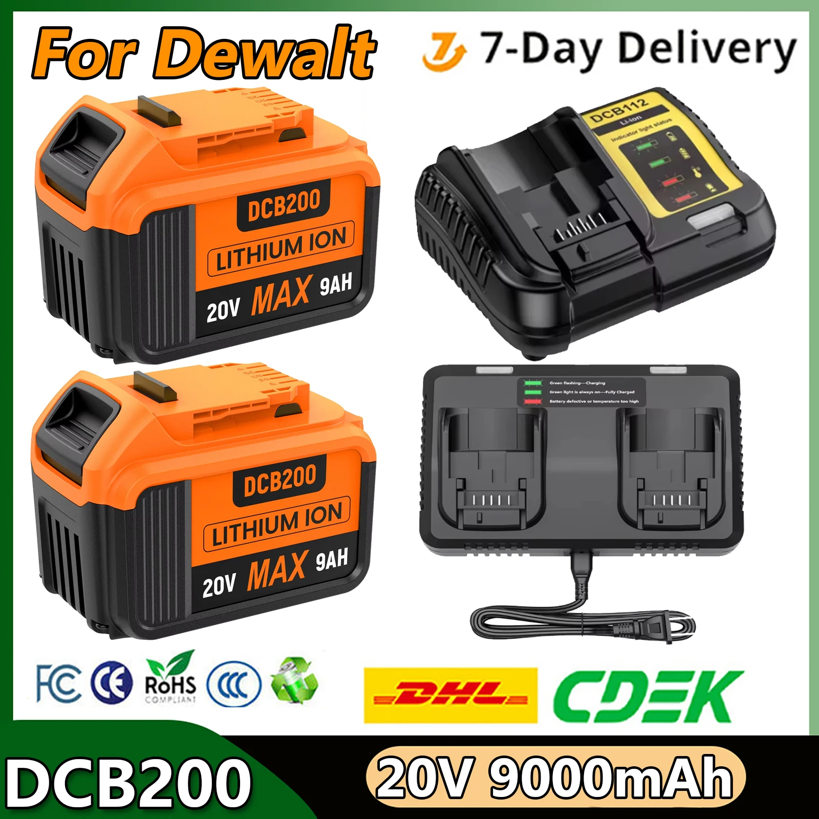 Turpow 9000mAh Ersatzakku für Dewalt DCB200 18650 Li-Ionen-Akku für DCB203 DCB205 DCB206 20V Elektrowerkzeuge Wiederaufladbarer Akku