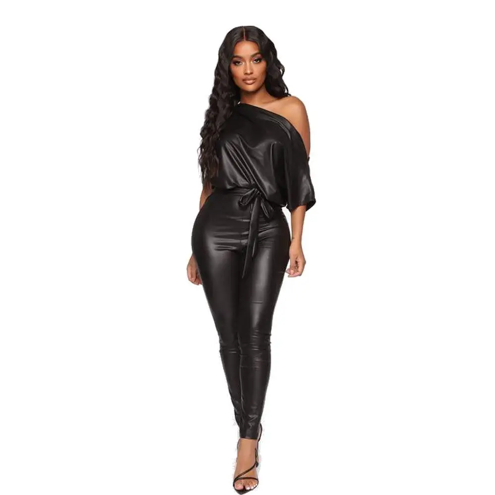 

Women's Leather Pants with Straps Off-oulder Jumpsuit Low Waist Long Pants Polyester Fiber Autumn Season Faion Ladies' Ou...