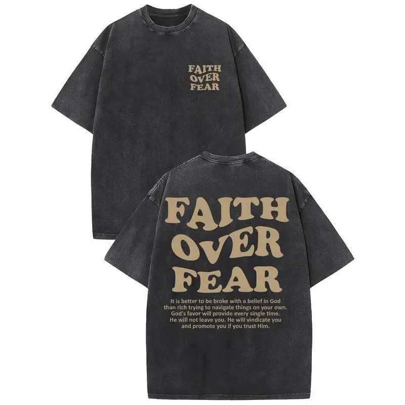 

Vintage Washed Faith Over Fear T-shirt, Christian Religious Scripture Tee, Oversized Streetwear Graphic Top for Women
