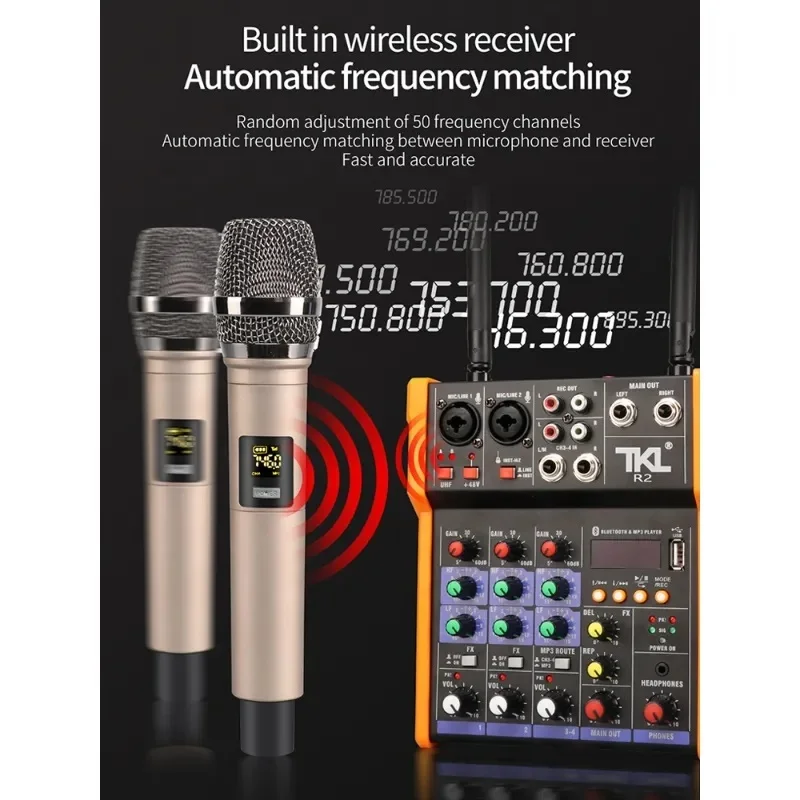 Mini Dj Mixer with UHF Wireless Microphone 4 Channel Four-Channel Audio Bluetooth USB 48V Phantom Power Suitable Recording