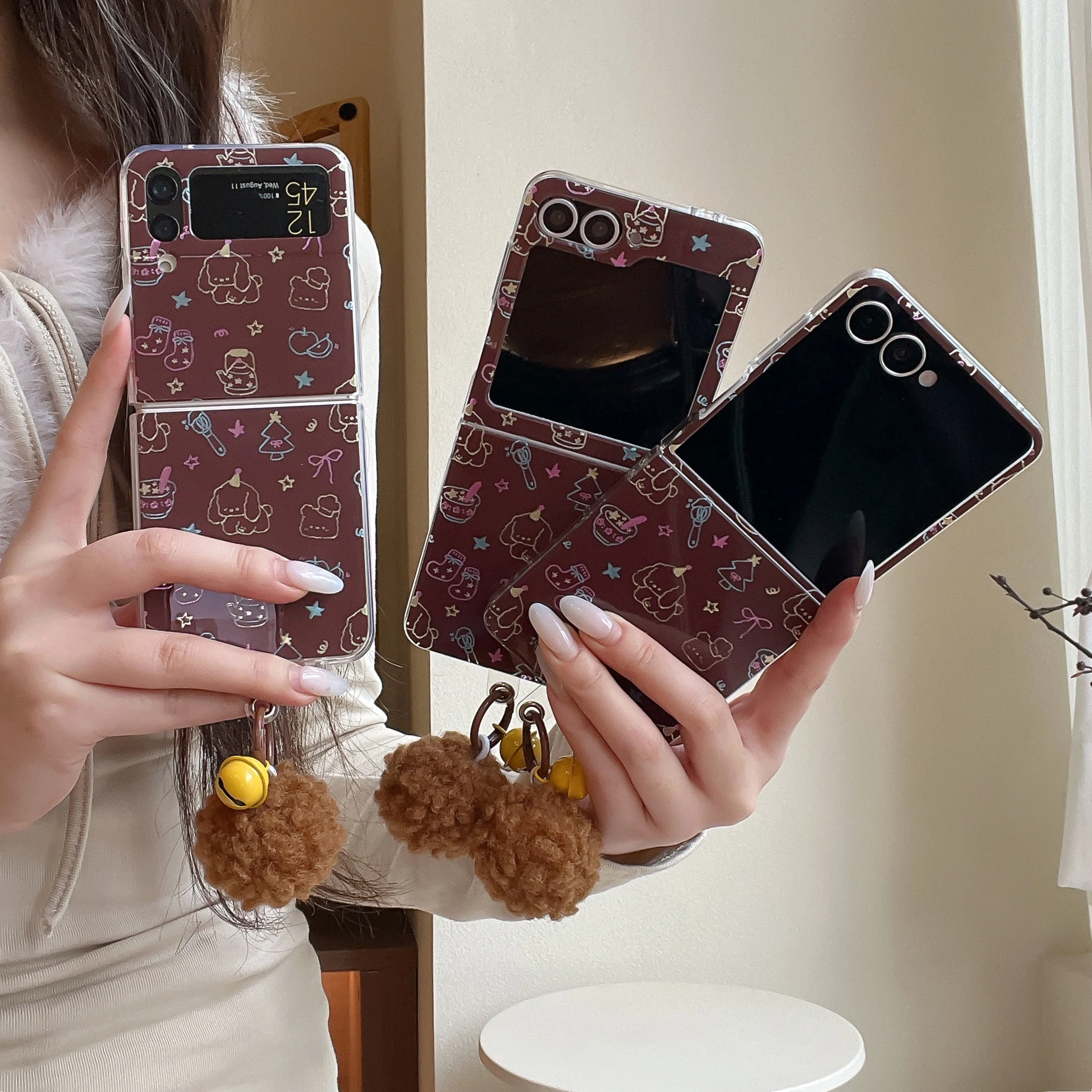 Korean Cute Hairball Pendant Colorful Line Puppy Sock Phone Case for Samsung Galaxy ZFlip7 Flip7 ZFlip6 ZFlip5 4 3 Back Cover