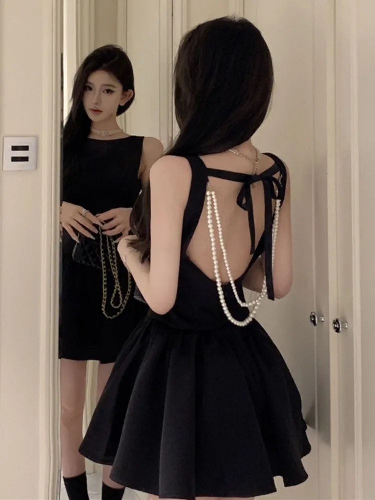 

Elegant Romantic Pearl Chain Backless Lace up Princess Mini Dresses Summer Sweet A Line Dress Birthday Evening Party Clothes