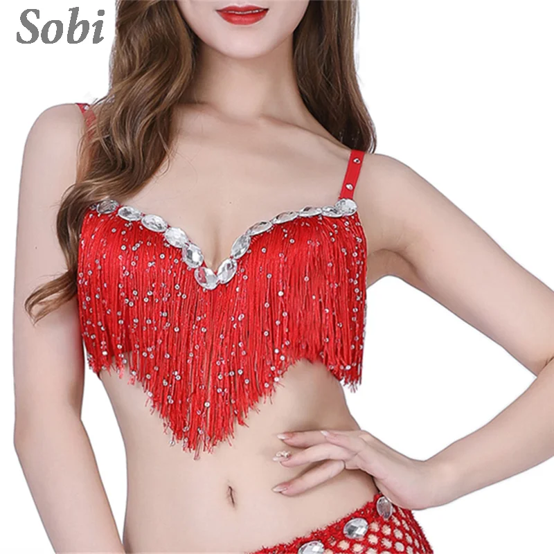 Women's Tassel Belly Dance Tops Bra Sexy Club Stage Performance Costume Female Adult Sequined Fringe Sponge Bras For Show Party