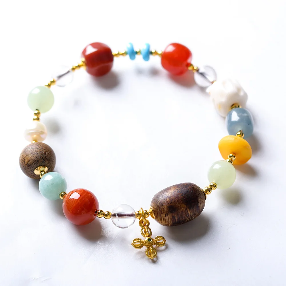 Natural Yellow Agarwood White Crystal Beeswax Pearl Multi Gem Bracelet Lucky Fortune Unisex Handicraft Jewelry