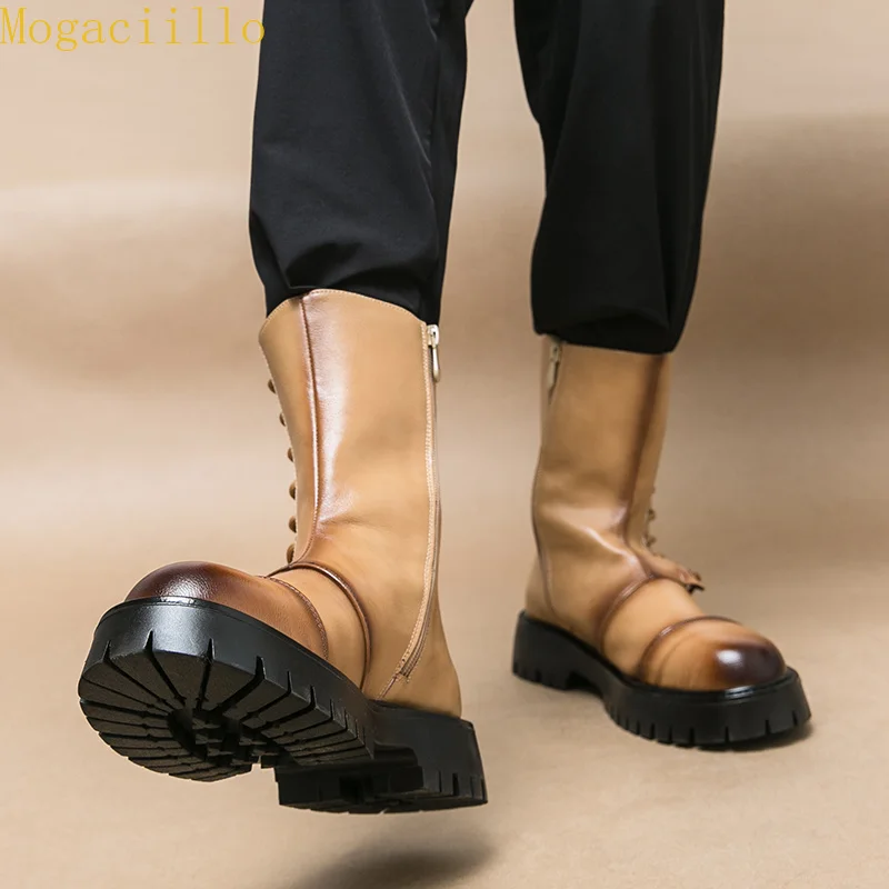 Trendy Brand Men's Workwear Leather Boots 44 45 Knight Motorcycle Boots High Top Commuting Boots Outdoor Thick Soled Casual Shoe