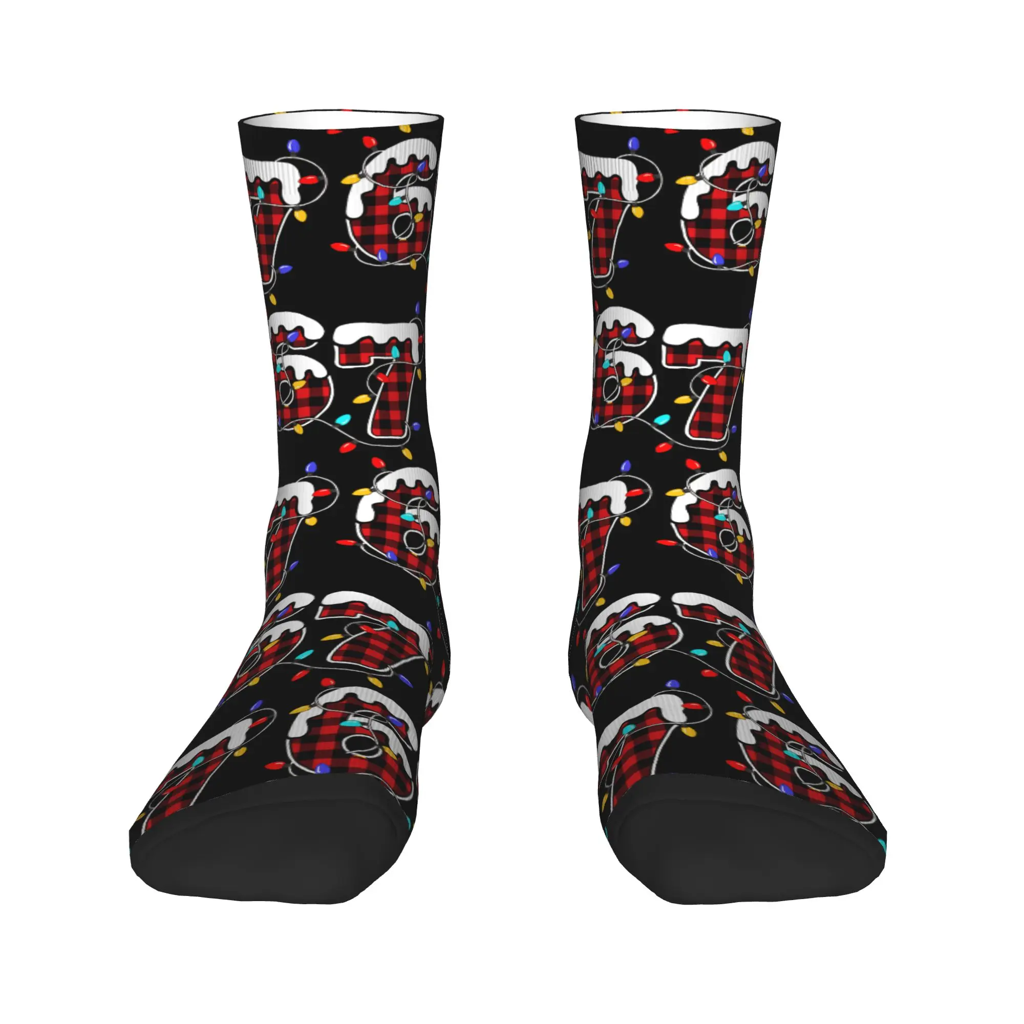 Red Buffalo Plaid Six Seven Meme 67 Christmas Lights Stockings Graphic Funny Socks Autumn Socks Unisex Men Breathable Socks
