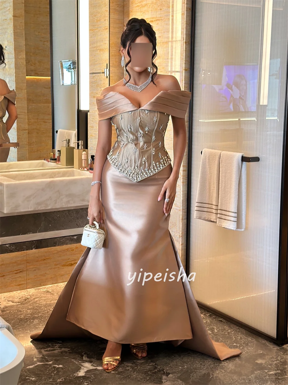 Customized Elegant Formal Charmeuse Rhinestone Pleat Mermaid Off-the-shoulder Long Dresses Bespoke Occasion Dresses Modern Style