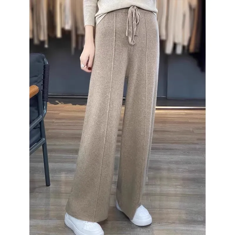 Pantalones de mujer de longitud completa, pantalones de punto con cintura elástica, cintura alta, pierna ancha, pantalones elásticos cálidos para