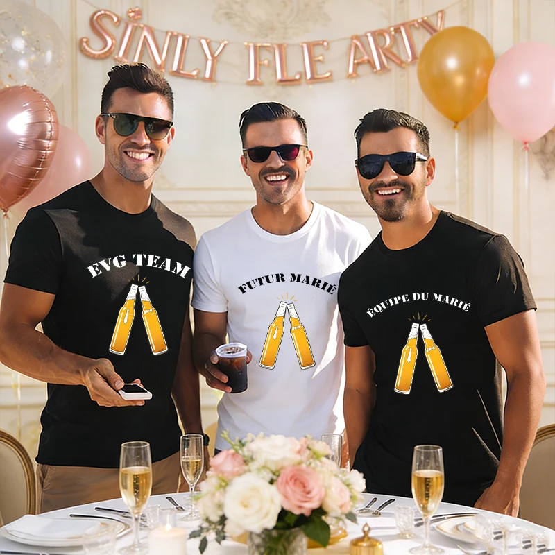 EVG TEAM Futur Marié ÉQUIPE DU MARIÉ T-shirts: French Men Bachelor Party Groom Squad Single Farewell, 260G 100% Cotton Tees
