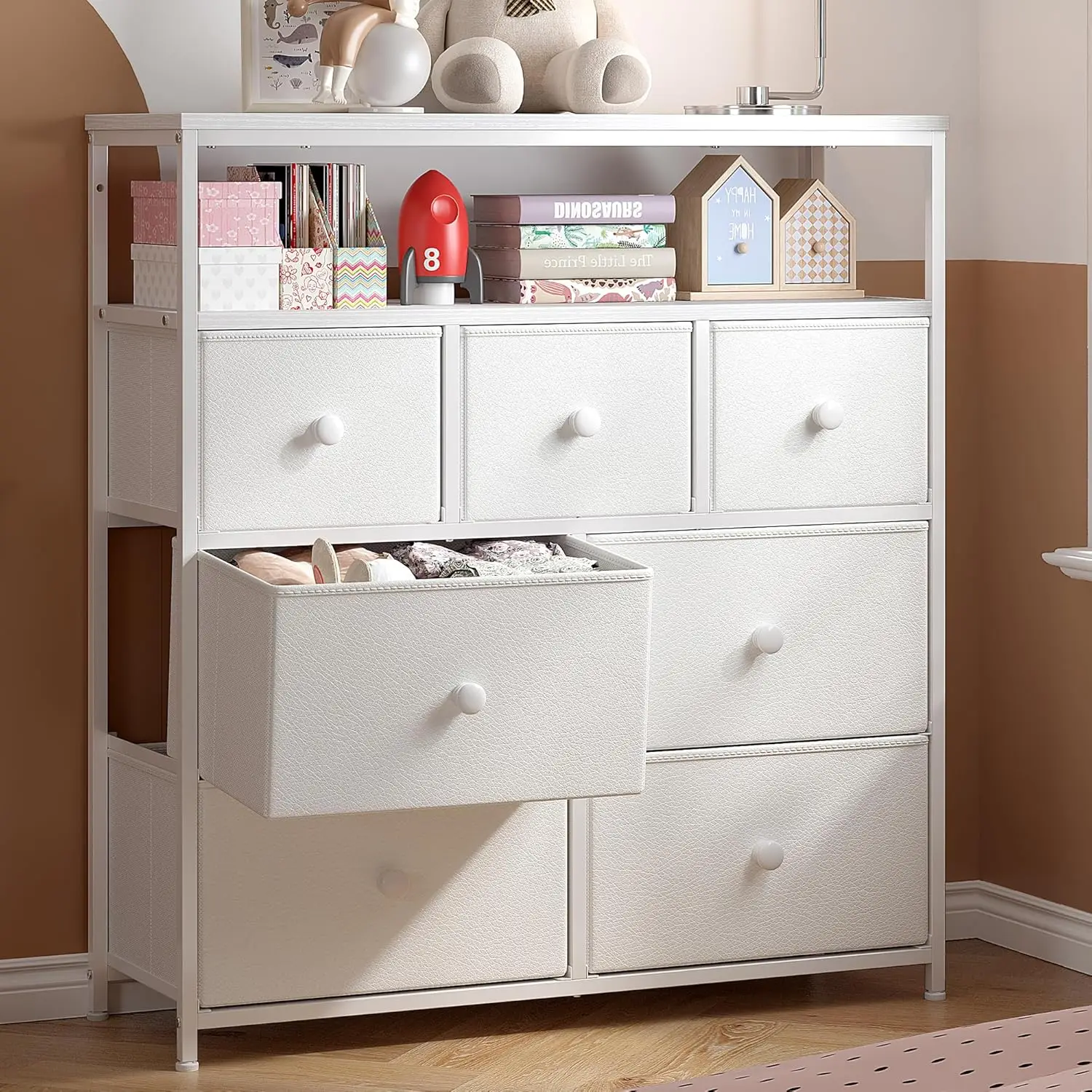 White cabinet, bedroom cabinet with 7 storage drawers, cute bedroom cabinet, bedroom cabinet with wooden roof and metal frame,