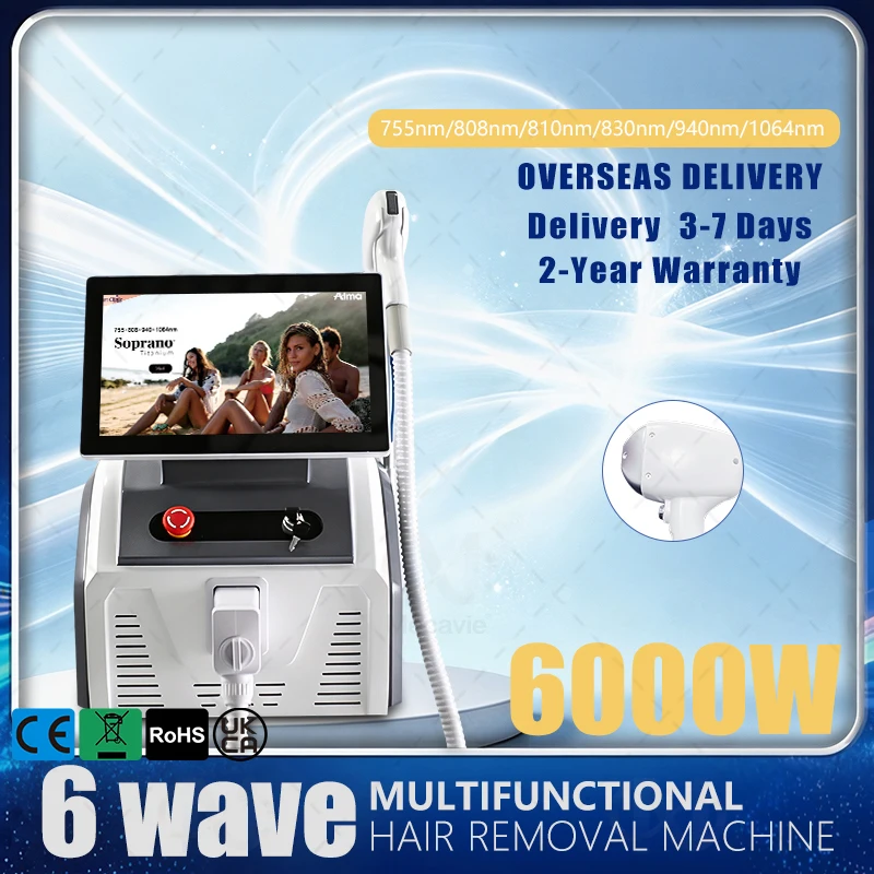 6000W 6 Wave Diode Laser Hair Removal Machine 755 808 830 940 1064nm Freezing Point Painless Permanent Hair Remover 3‑Year Warra