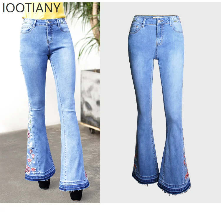 

Flare Pants Women Jeans Embroidery Vintage Boot Cut Mid Waist Floor Length Pockets Washed Distressed Denims Trousers Streetwear