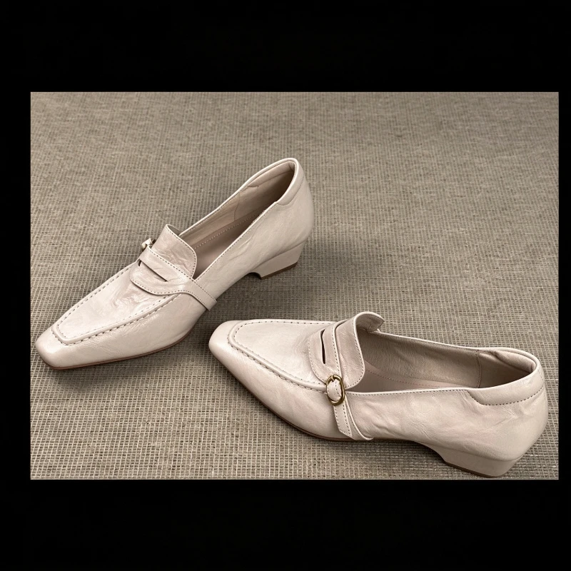 Women's retro brown soft leather square-toe loafers with metal buckle and block heel