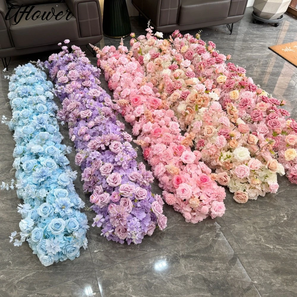 Uflower 50/100/200cm Blue Rose Artificial Flower Row Table Centerpiece Wedding Decoration Flower Backdrop Arch Decor Event Stage