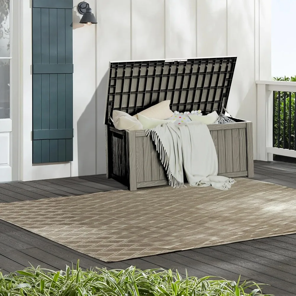 

150 gallon waterproof large resin deck box, indoor/outdoor lockable storage container, suitable for gardens and swimming pools