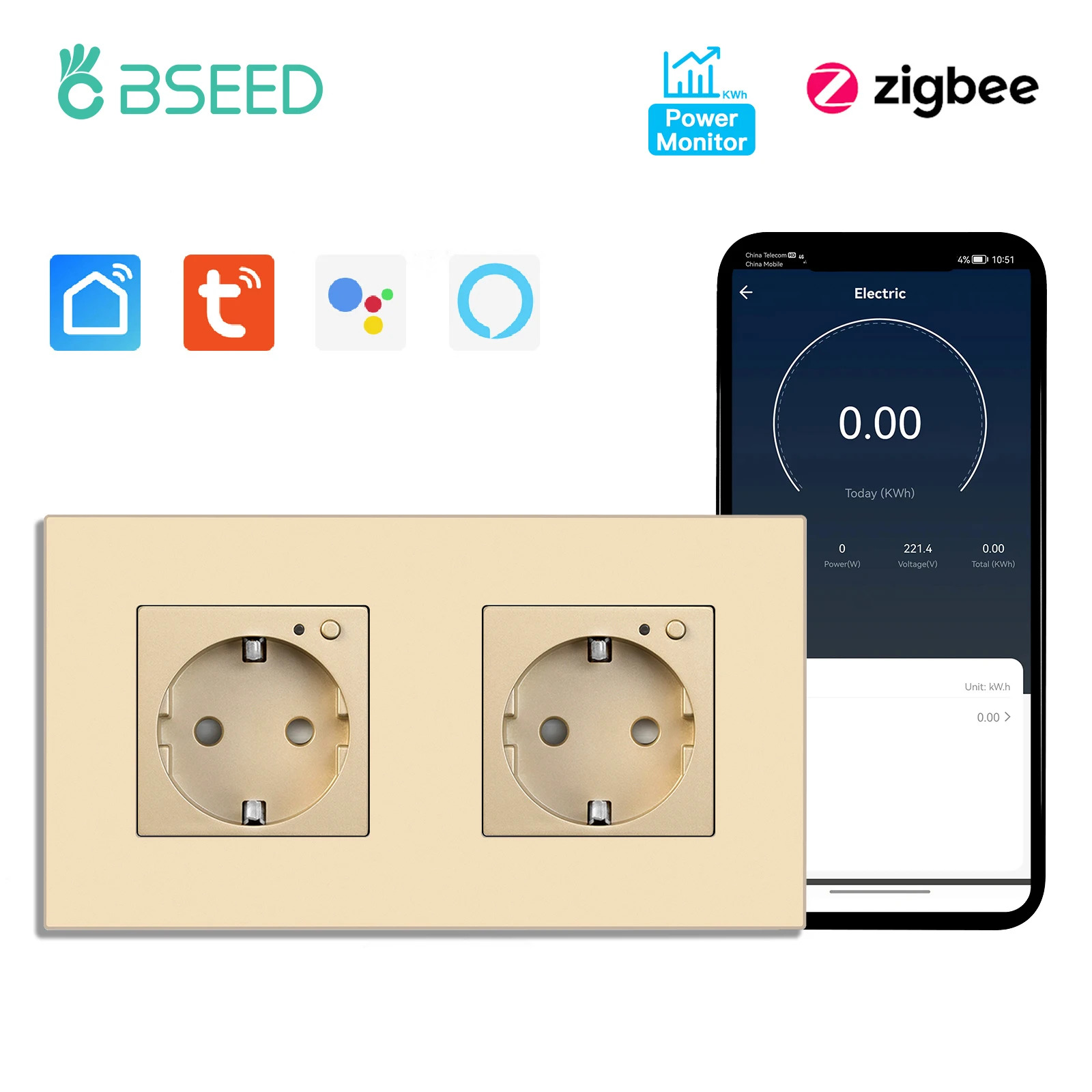 Bseed Zigbee Energy Monitor Steckdose PC Kunststoffrahmen Doppelte Smart Outlets Dreifachstecker Tuya Google Home Smart Life Control