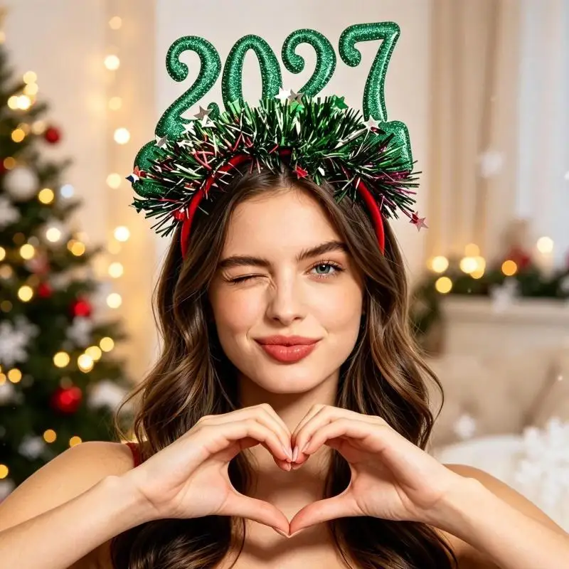 Langlebiges Weihnachts-Haarband mit Lichtern, süßer Glitzer-LED-Haarreif für das Neujahrsfest 2027, Cosplay-Kostüm – Detail 9