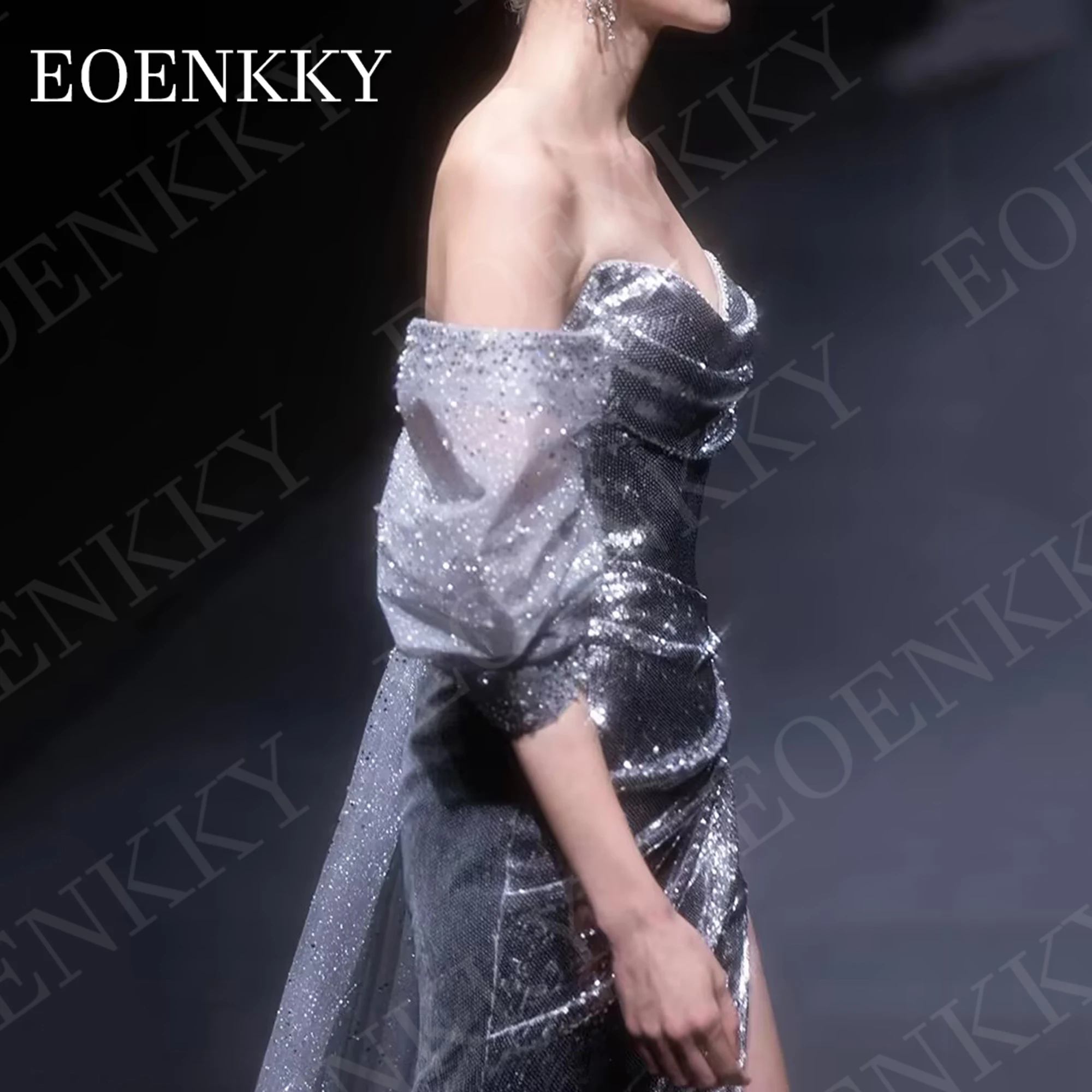 EOENKKY Elegant Sequin Evening Dress Luxury Off Shoulder Sparkly Mermaid Side Split Formal Party Dresses Silver Customized Women