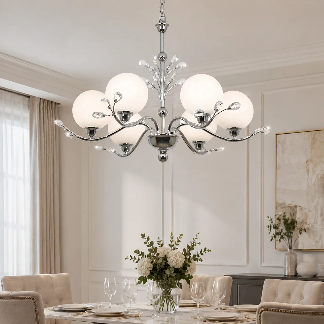 Modern 6‑Light Chandelier Chrome Silver Frame Crystal Frosted Glass Globe Ceiling Pendant Lamp for Living Room Bedroom