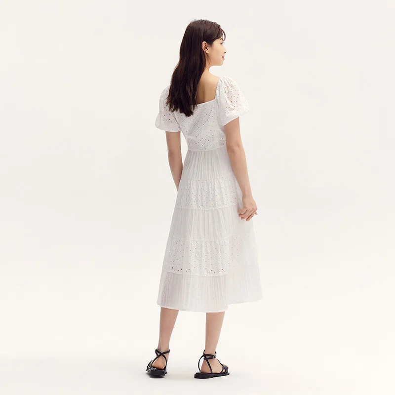 Semir Dress Women Square Collar Spliced Mid-Length Dress 2024 Summer New Hollow Texture Little White Dress French-Inspired