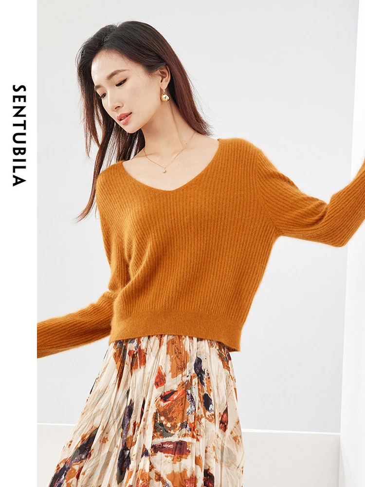 

SENTUBILA Elegant Short Sweater Women Pullover Jersey 2024 Autumn Fashion V-neck Long Sleeve Knit Tops Female Knitwear W41E52863