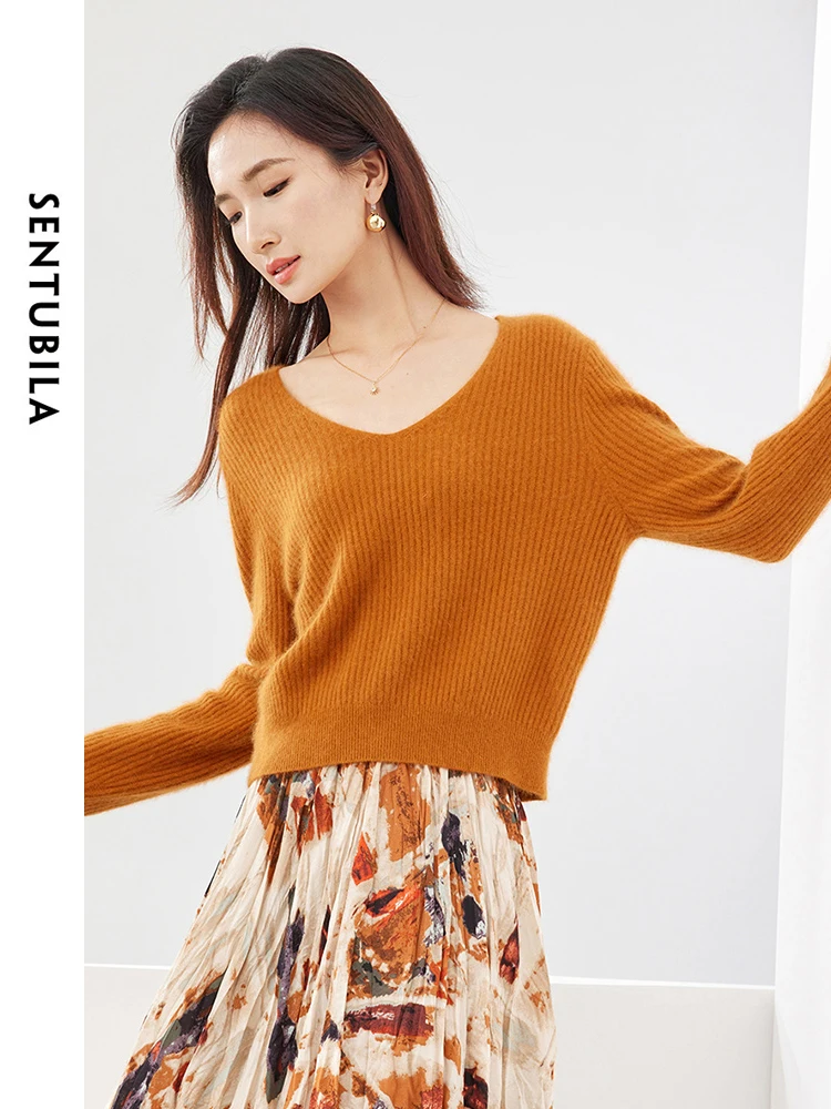 SENTUBILA Elegant Short Sweater Women Pullover Jersey 2024 Autumn Fashion V-neck Long Sleeve Knit Tops Female Knitwear W41E52863