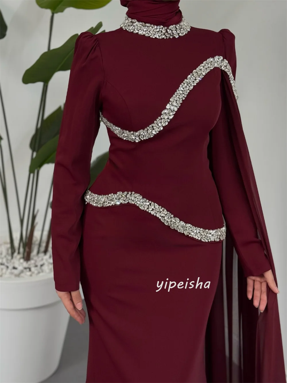 Customized Luxury Exquisite Jersey Rhinestone Pleat Mermaid High Collar Long Dresses Evening Dresses for Woman Pastrol Formal image 6