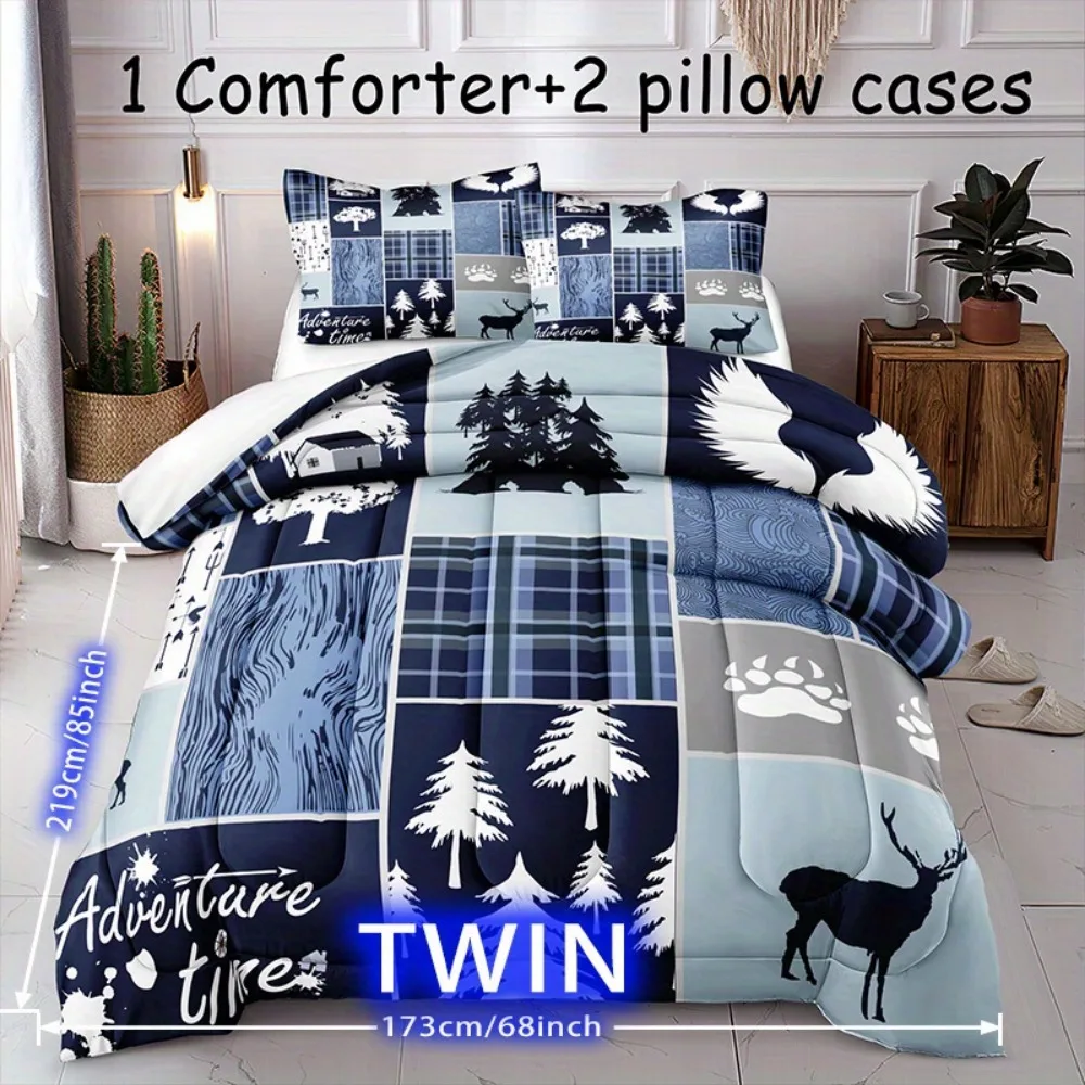 3pc Blue Bedding Set Marry Christmas Tree Print Cozy Duvet Cover Set King Queen Single Size New Year Gift for Home Bedroom Decor
