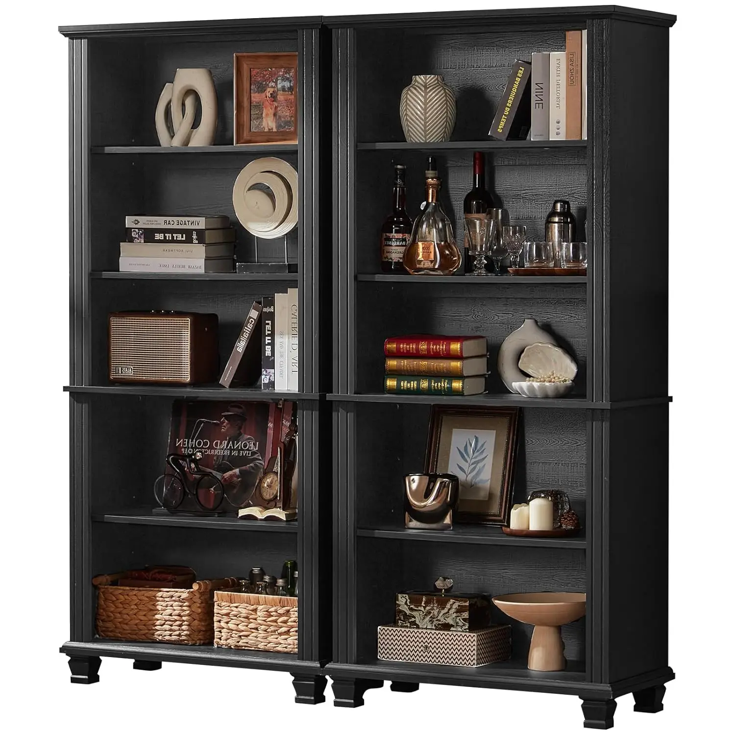 

Высокий черный книжный шкаф 70 дюймов, 5-ярусная деревянная книжная полка с регулируемыми полками и деревянными ножками, отдельностоящий, в стиле фермерского дома, на заказ