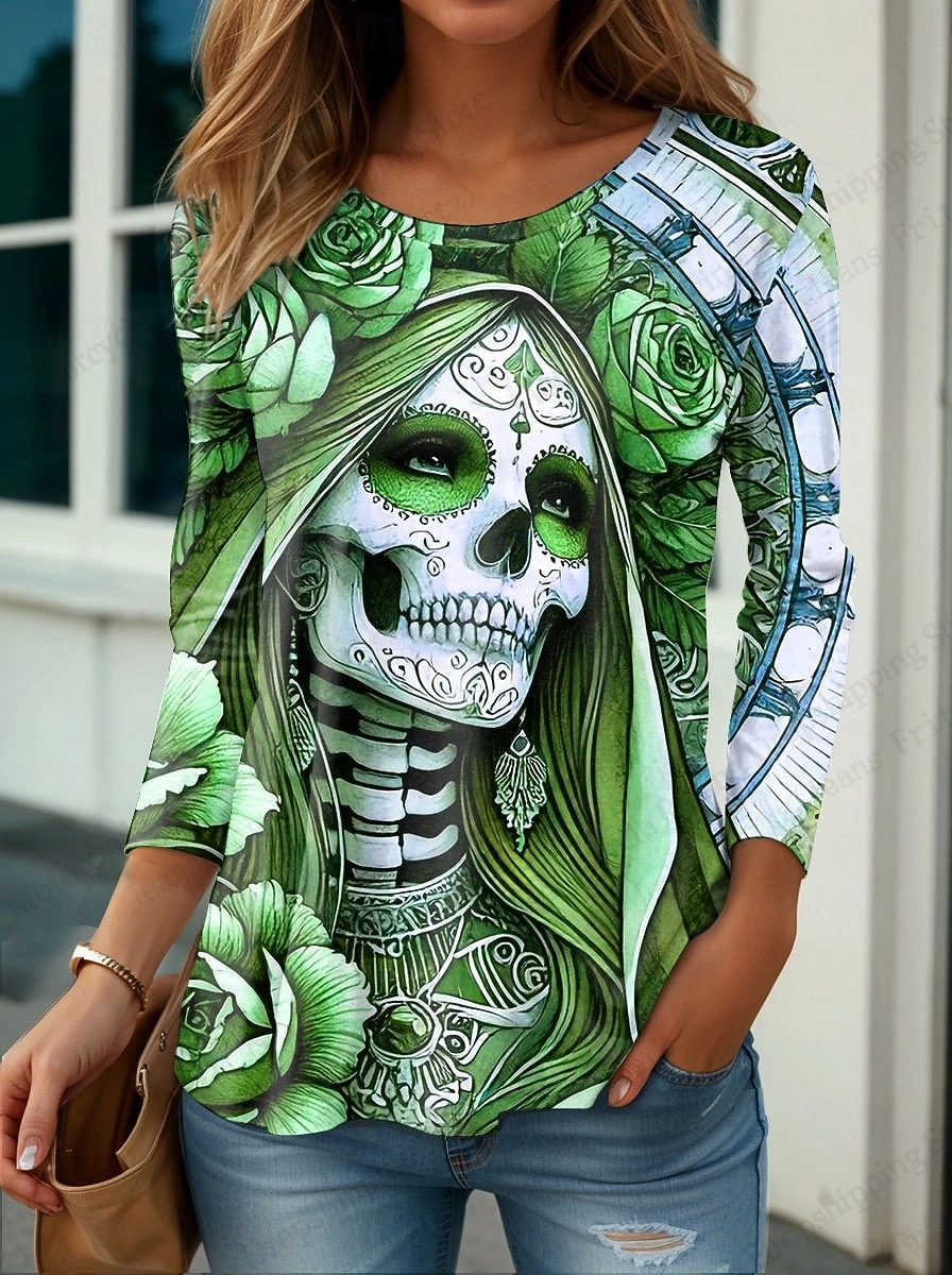 المرأة تي شيرت الأزهار الجمجمة خمر ثلاثية الأبعاد طباعة طويلة الأكمام تي شيرت المرأة موضة المتضخم الميت بلايز تيز ربيع خريف شتاء #3