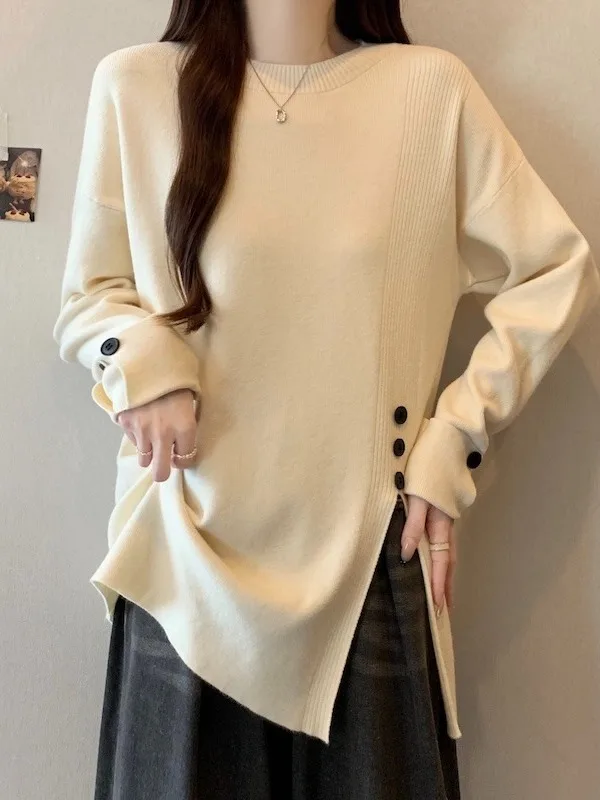 

Women's Thiened Long Sve Knitted Sweater Autumn Winter Faion Big Size Inner Wear Base Top Open Slit Casual Sle