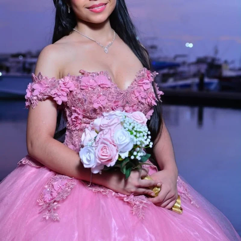 Eenvoudige Roze Quinceanera Jurken Glitter 3D Bloem Decal Kant Gelaagdheid Lange staart Boog Vestido De 15 Quinceaneras