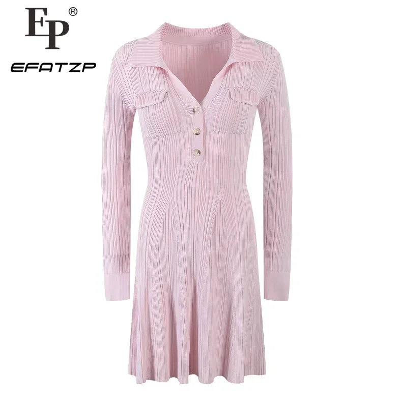 

Sweet Pink Gentle Wind Knitted Dress A-line Short Dress Long Sleeve V-neck Dress Women 2023 Early Spring New