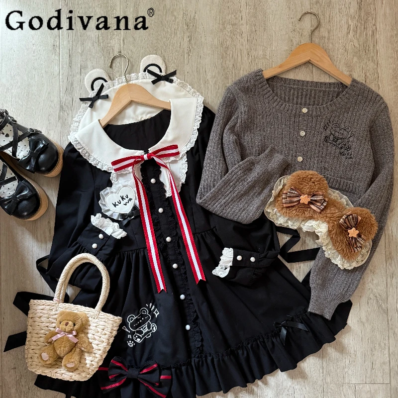 Original Japanese Soft Girls Kawaii Long Sleeve Dress Sweater Set Autumn and Winter New Daughter Kawaii Dress Set Knit Cardigan