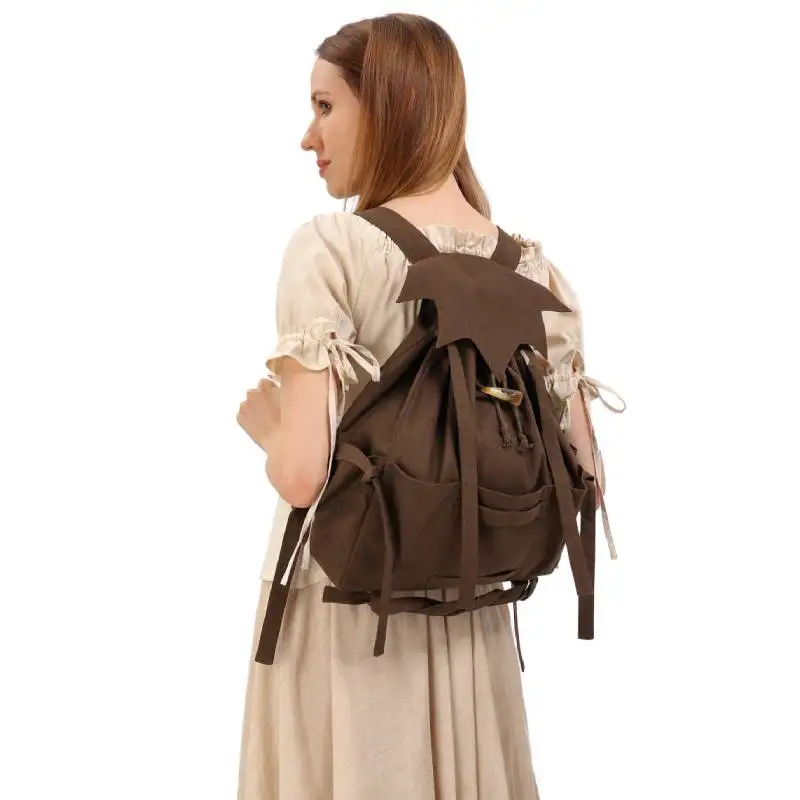 

WENAM Ren Faire Drawstring Backpack Leaf Flap Retro Backpack with Strap for Renaissance Festival Vintage Camping Renaissance Bag