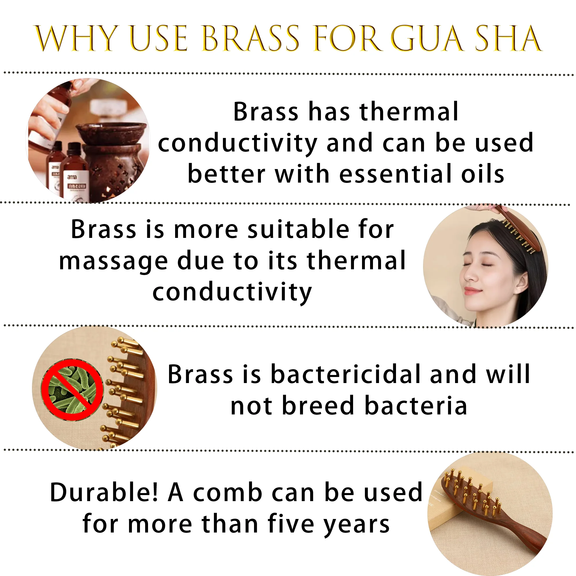 Head Massage and Guasha Tool Brass Long Handled Massage Comb Scalp Head Meridian Comb Thickened Wide Gold Wire Sandalwood Comb