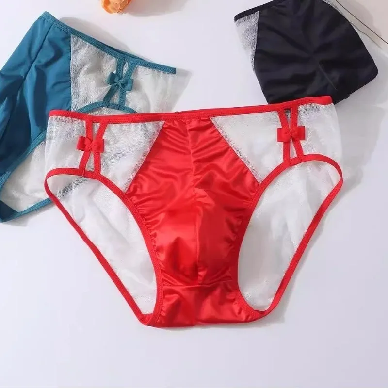 Men's Sexy Big Pouch Bag Briefs Hollow Out Sissy Man Embroidered Lace Transparent Underwear Red Mid Waist Male Triangle Panties