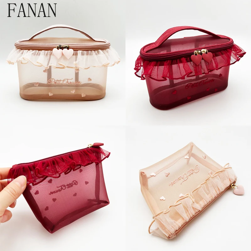 

Sweet and Cute Mesh Yarn Love Embroidery Hand Barrel Cosmetic Bag Casual Elegant 2025 New Tissue Makeup Bags for Women